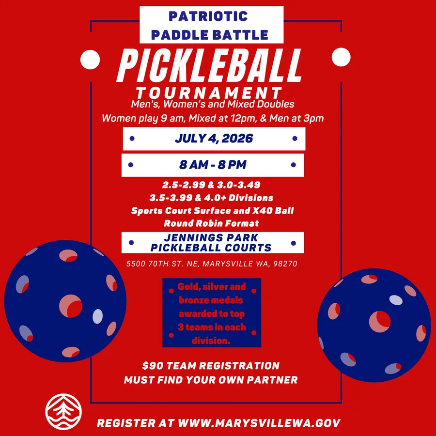 Patriotic Paddle Battle pickleball tournament flyer for men's, women's, and mixed doubles on July 4, 2026
