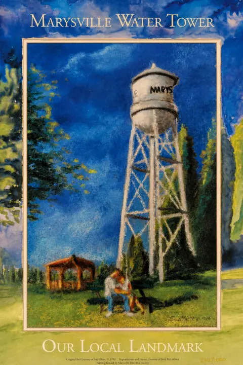 Marysville Water Tower poster featuring Sue Elliott’s local landmark artwork