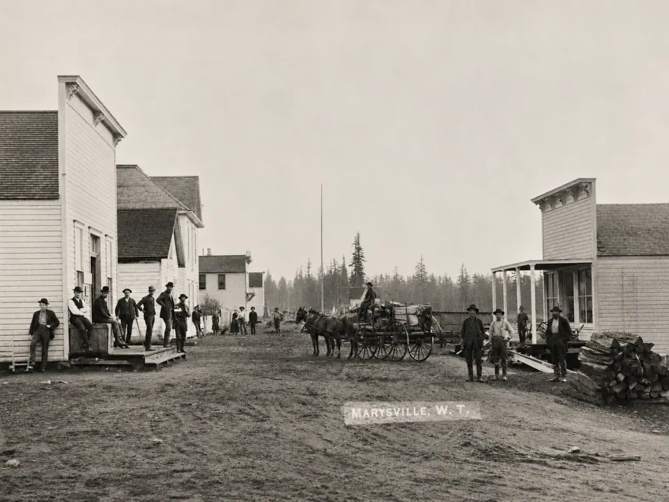Historic Front Street view at First and Ash in Marysville, Washington Territory, with storefronts, people, and a horse-drawn wagon.