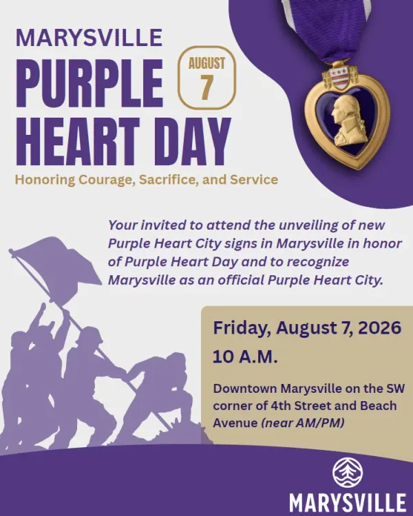 Marysville Purple Heart Day flyer announcing a sign unveiling on August 7, 2026, at 10 a.m. in downtown Marysville