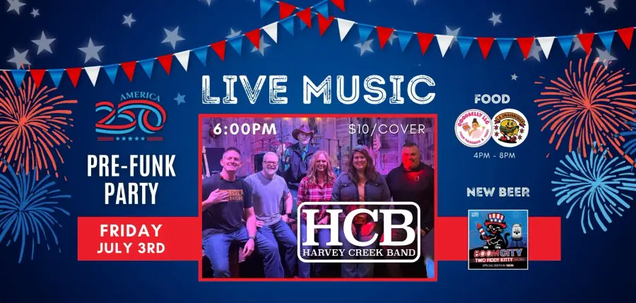 America 250 Pre-Funk Party at 5 Rights Brewing with food vendors, outdoor beer taps, and the Harvey Creek Band