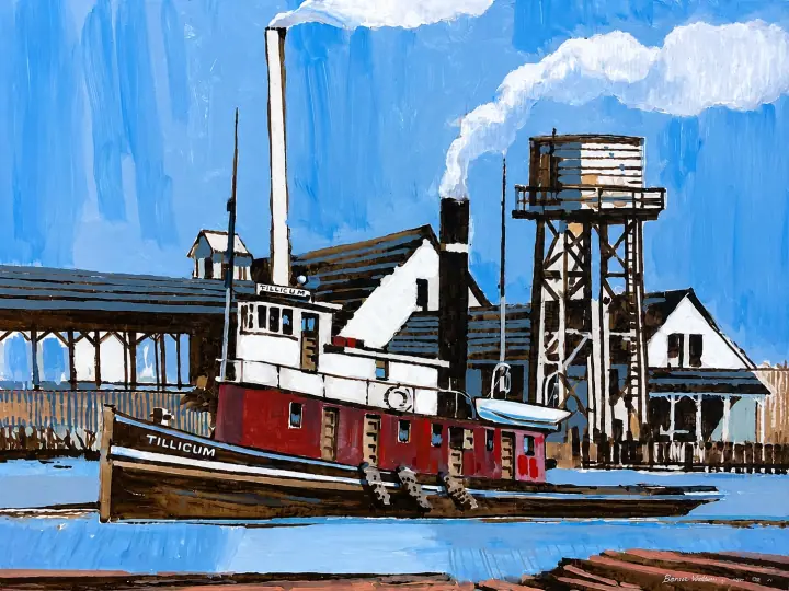 Painting of the E.J. Anderson Sawmill in early Marysville, representing the city's timber and mill work.