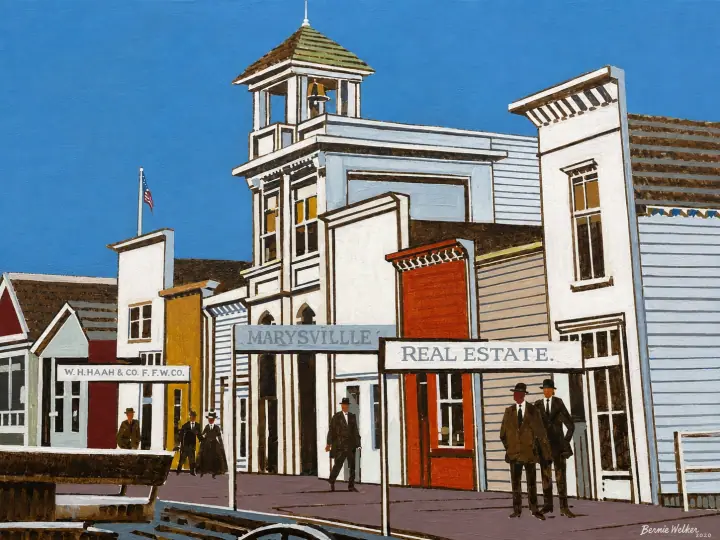 Painting of historic Marysville City Hall and early downtown storefronts with people along the street.