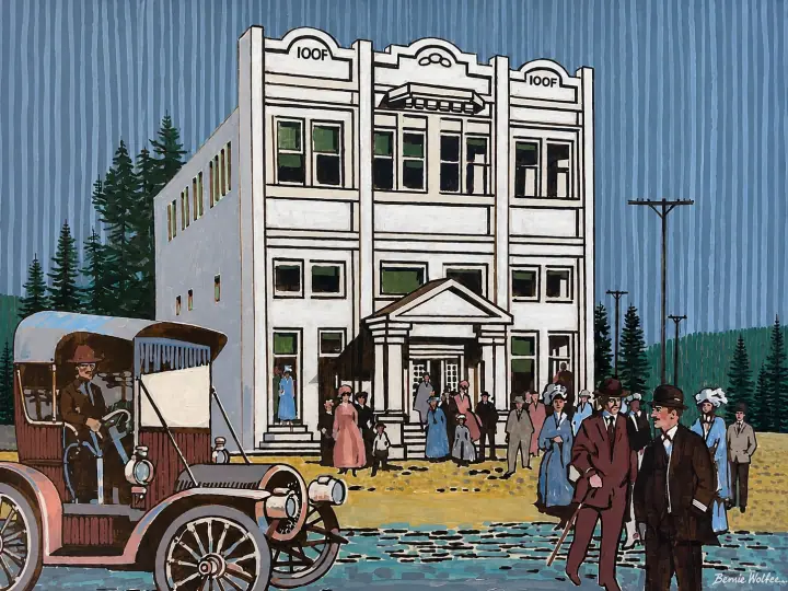 Painting of the historic Marysville I.O.O.F. Hall in an early town street scene.