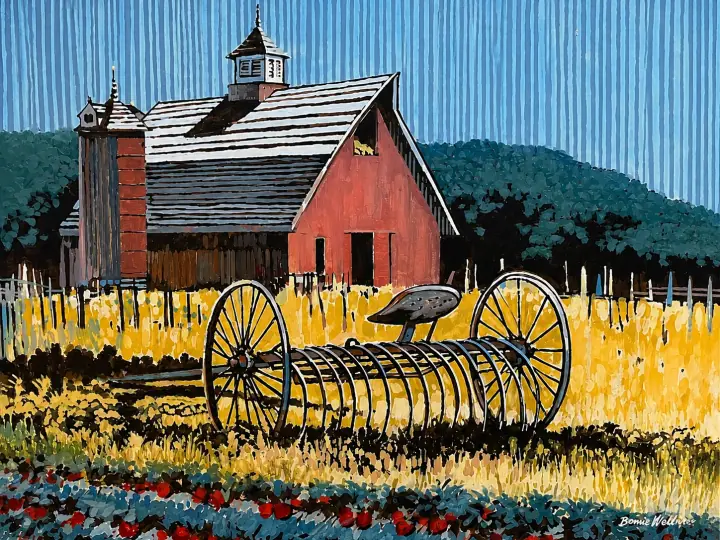 Painting of rural farming in historic Marysville with open land and agricultural activity.