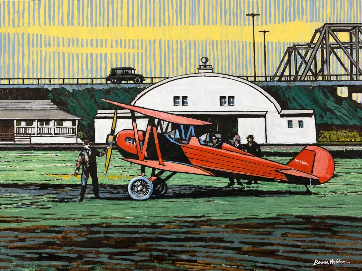 Painting of Marysville Airport on Steamboat Slough, showing early aviation beside the waterway.