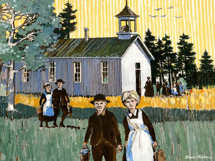 Painting of Marysville First Schoolhouse with people gathered near the school building.