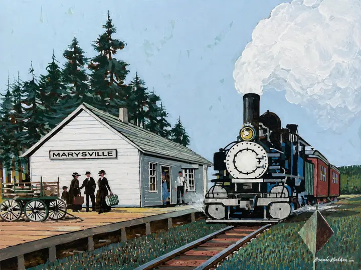 Painting of Marysville Great Northern Railroad Station with a train and station activity.