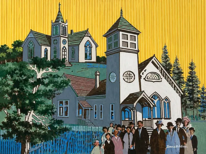 Painting of Marysville Methodist Episcopal Church and Baptist Church in an early town setting.